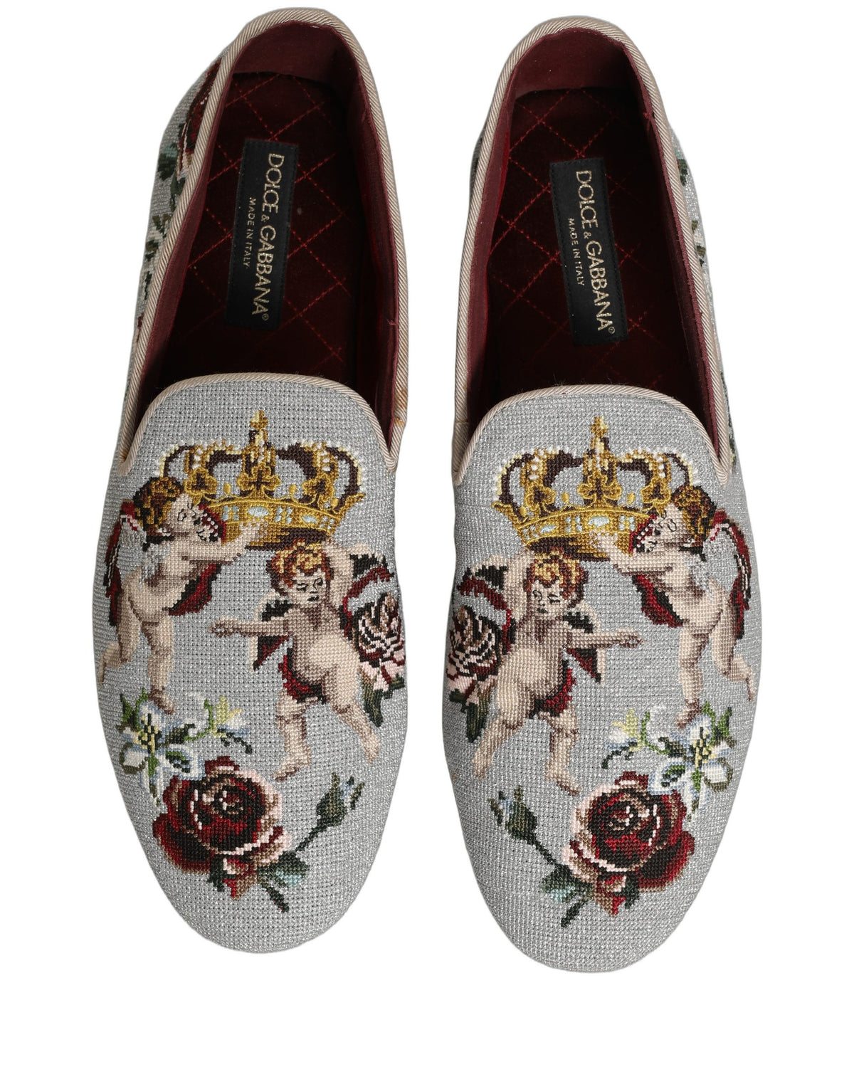 Dolce & Gabbana Gray Crown Rose Angel Embroidery Loafers