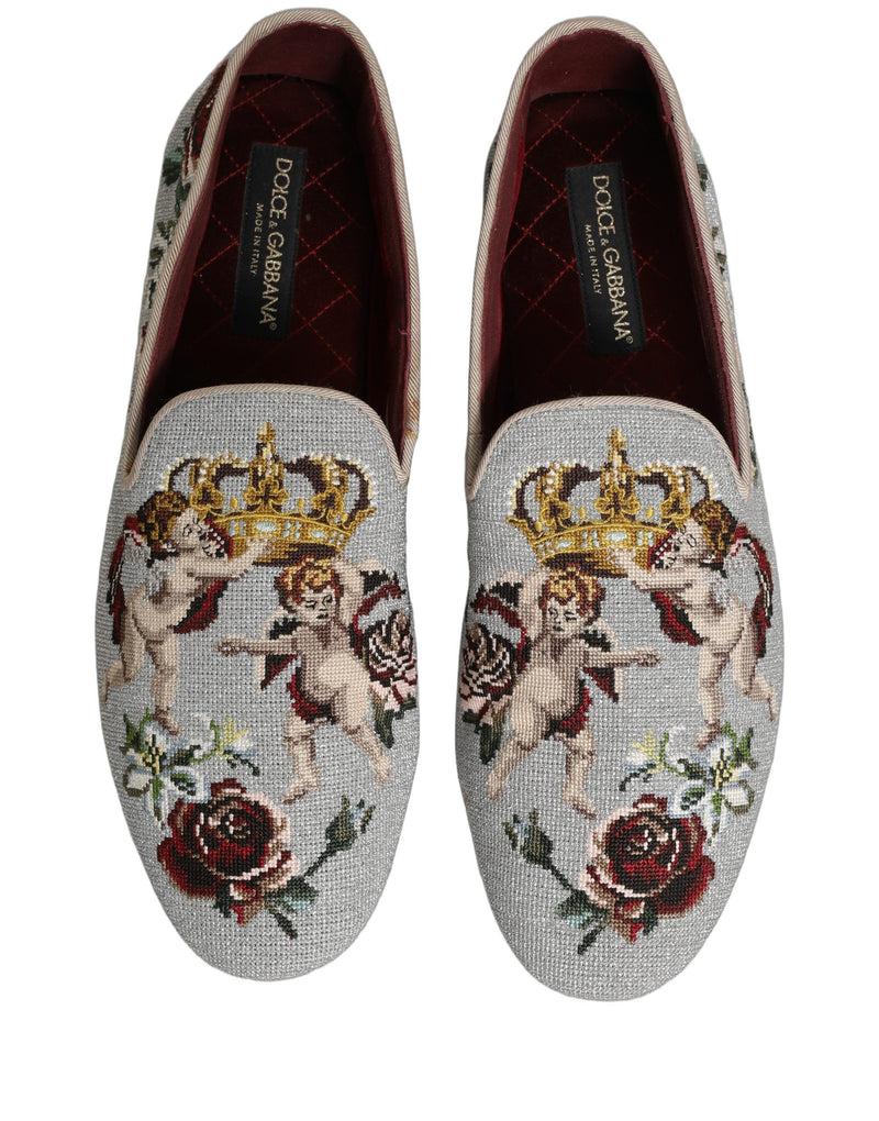 Dolce & Gabbana Gray Crown Rose Angel Embroidery Loafers