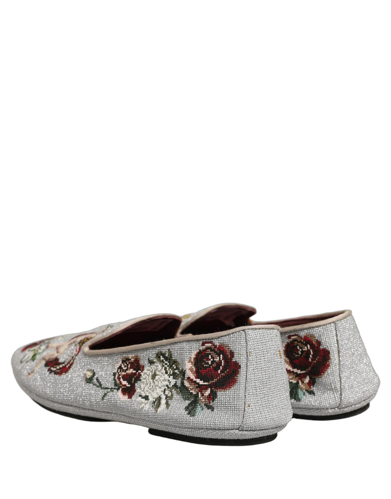 Dolce & Gabbana Gray Crown Rose Angel Embroidery Loafers