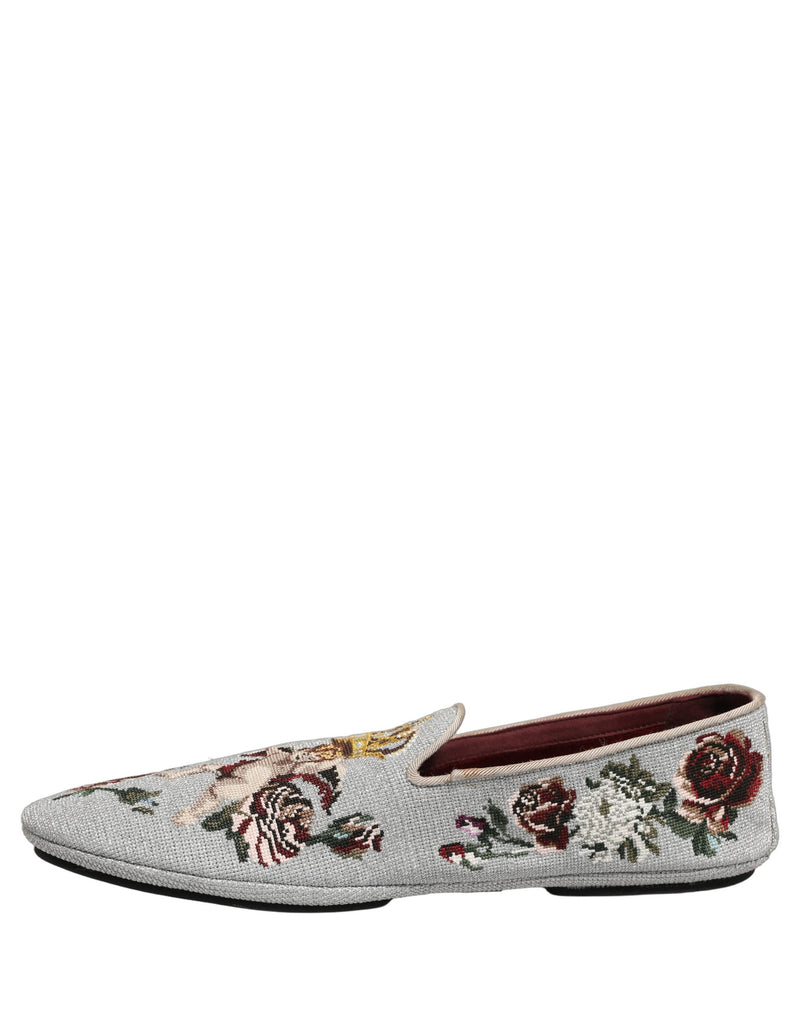 Dolce & Gabbana Gray Crown Rose Angel Embroidery Loafers
