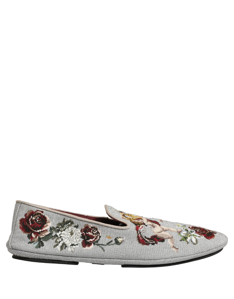 Dolce & Gabbana Gray Crown Rose Angel Embroidery Loafers