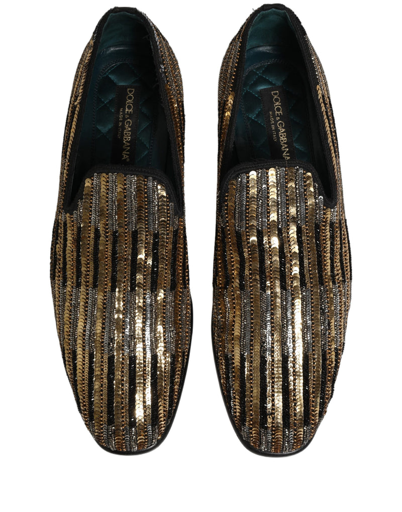 Dolce & Gabbana Gold Striped Sequin Loafer Shoes