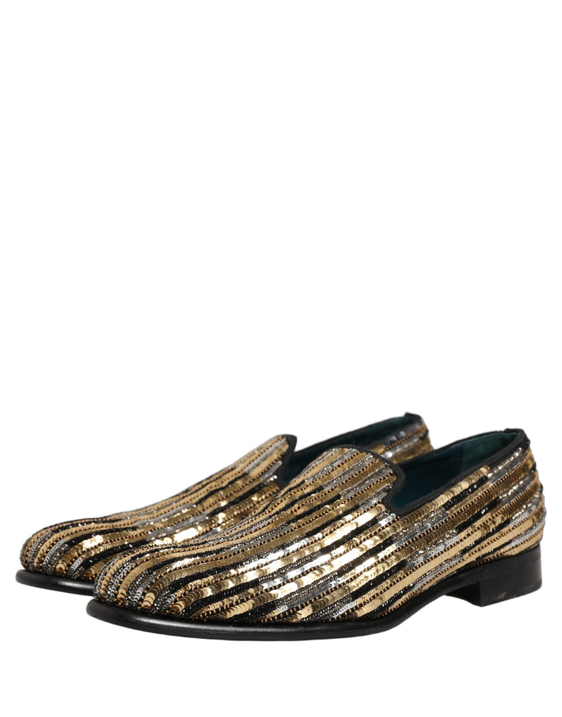 Dolce & Gabbana Gold Striped Sequin Loafer Shoes