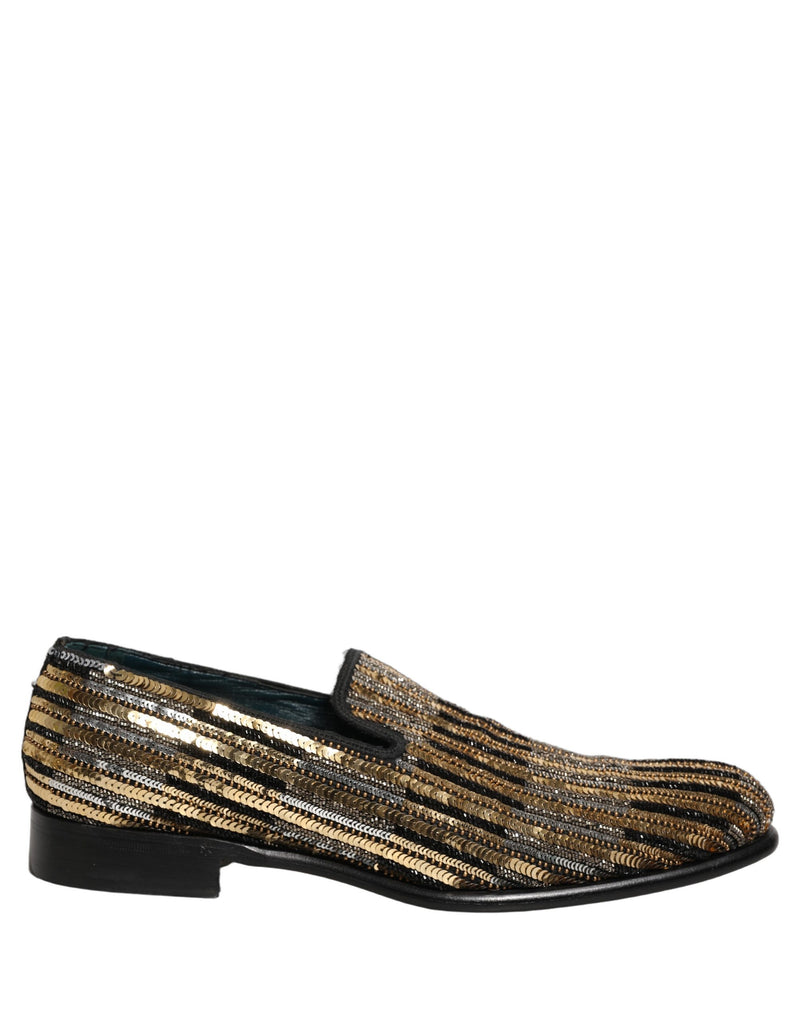 Dolce & Gabbana Gold Striped Sequin Loafer Shoes