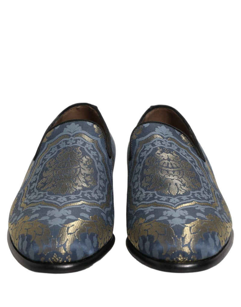 Dolce & Gabbana Blue Floral Brocade Slip On Loafers Shoes