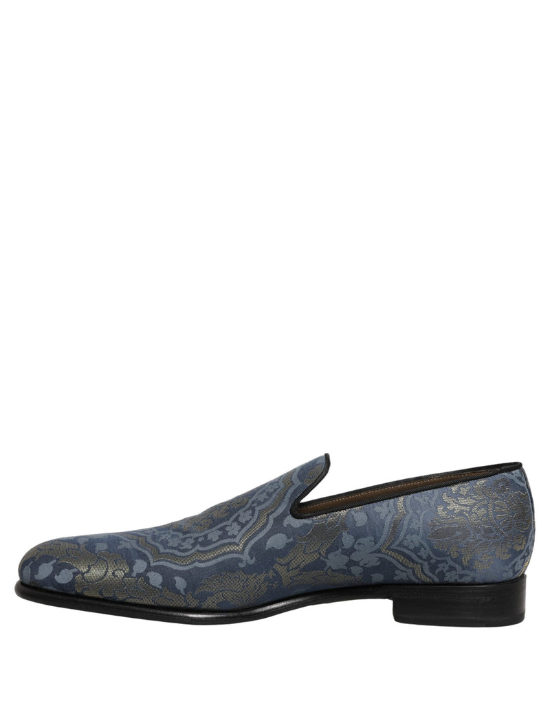 Dolce & Gabbana Blue Floral Brocade Slip On Loafers Shoes
