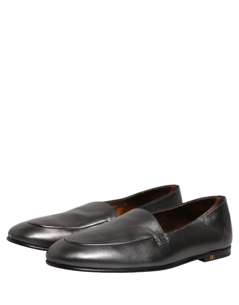 Dolce & Gabbana Silver Leather DG Logo Slip-On Loafers