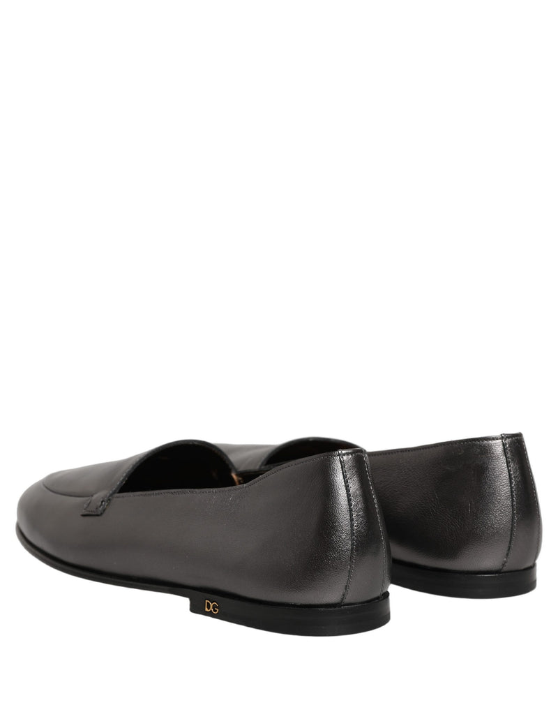 Dolce & Gabbana Silver Leather DG Logo Slip-On Loafers