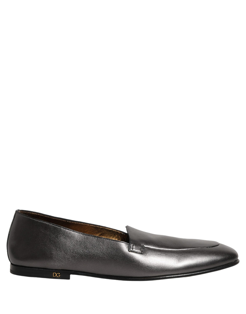 Dolce & Gabbana Silver Leather DG Logo Slip-On Loafers