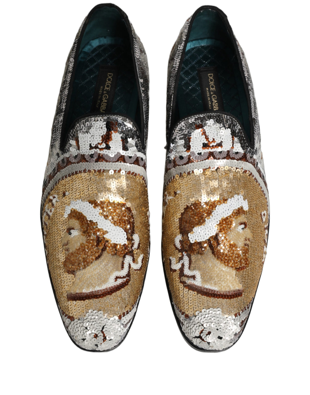 Dolce & Gabbana White Gold Sequined Slip-On Loafers