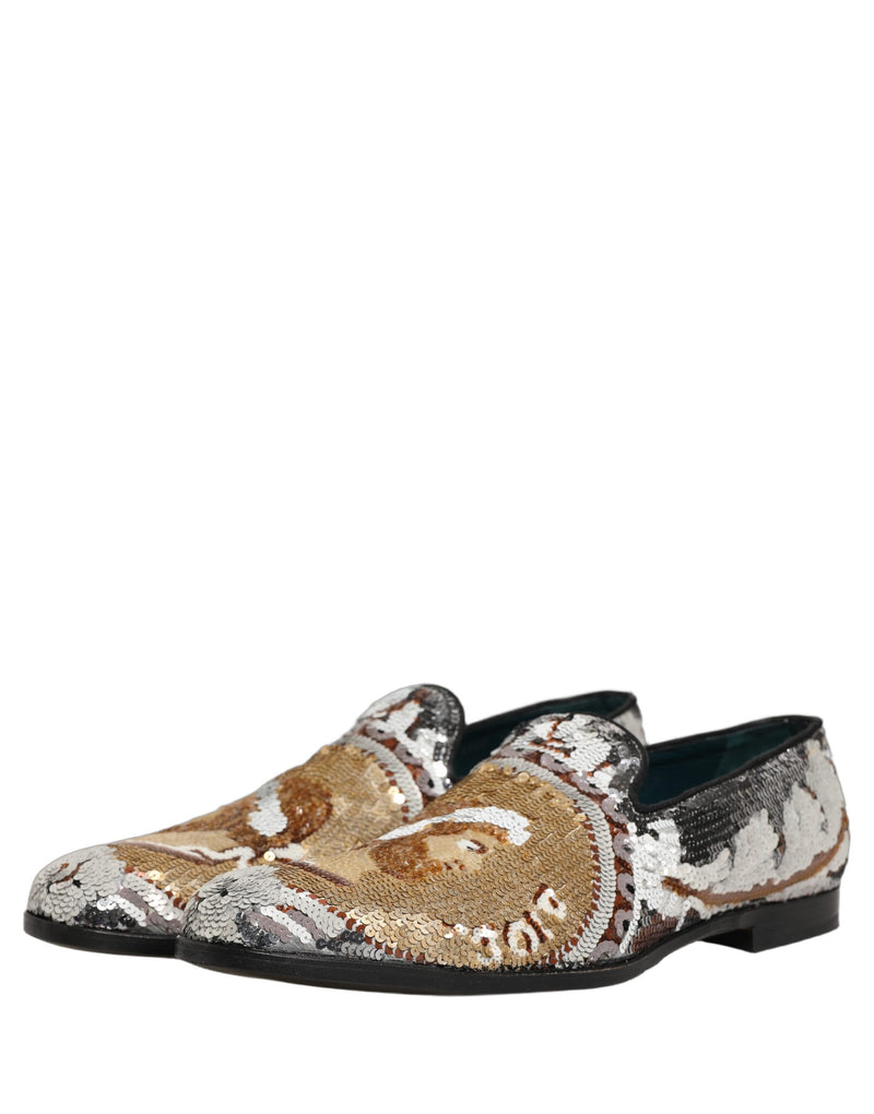Dolce & Gabbana White Gold Sequined Slip-On Loafers