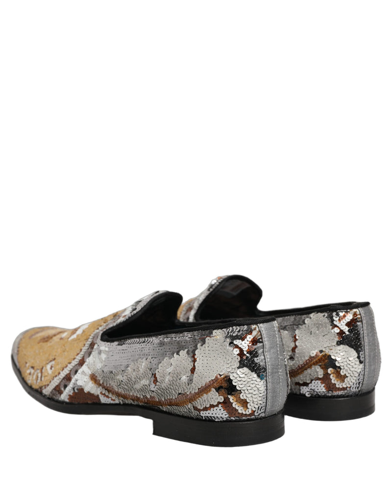 Dolce & Gabbana White Gold Sequined Slip-On Loafers