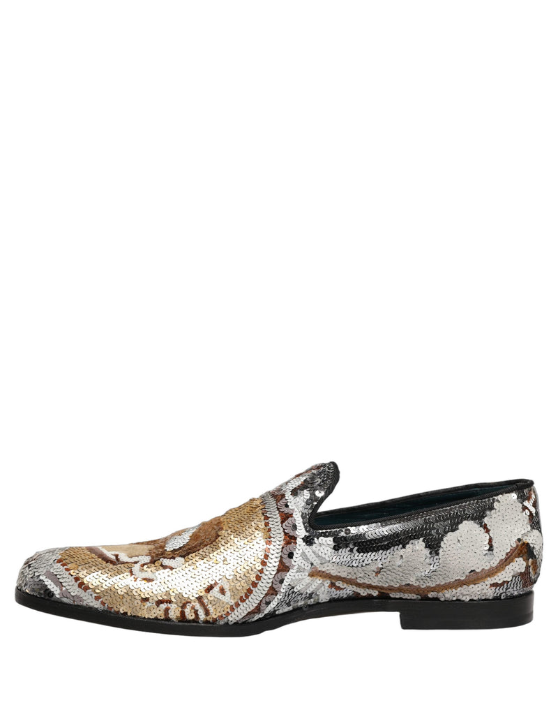 Dolce & Gabbana White Gold Sequined Slip-On Loafers