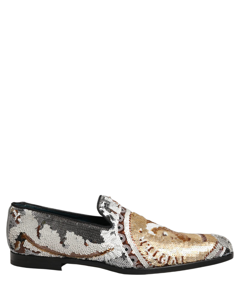 Dolce & Gabbana White Gold Sequined Slip-On Loafers