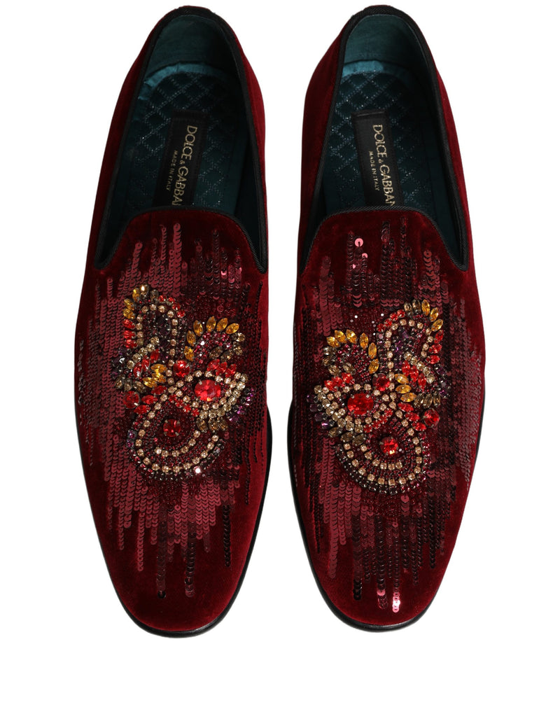 Dolce & Gabbana Maroon Sequin Gemstone Dress Loafers Shoes