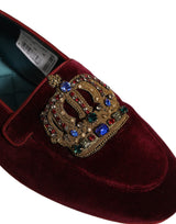 Dolce & Gabbana Burgundy Velvet Crown Slip-On Loafers