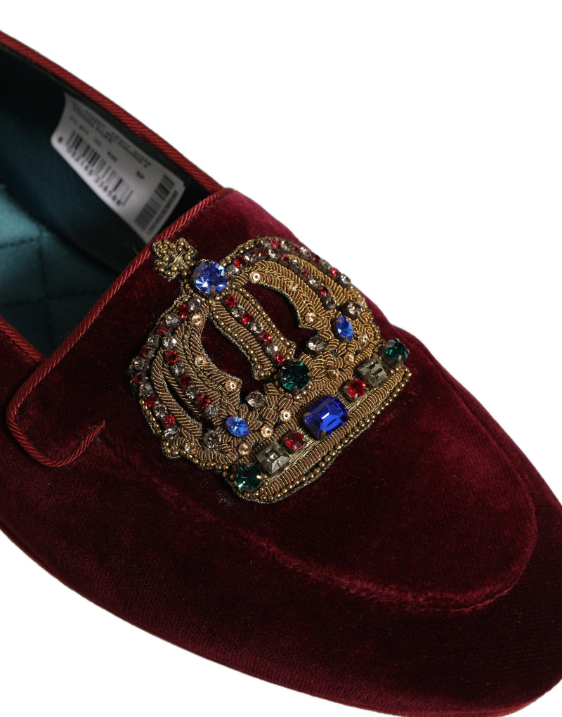 Dolce & Gabbana Burgundy Velvet Crown Slip-On Loafers