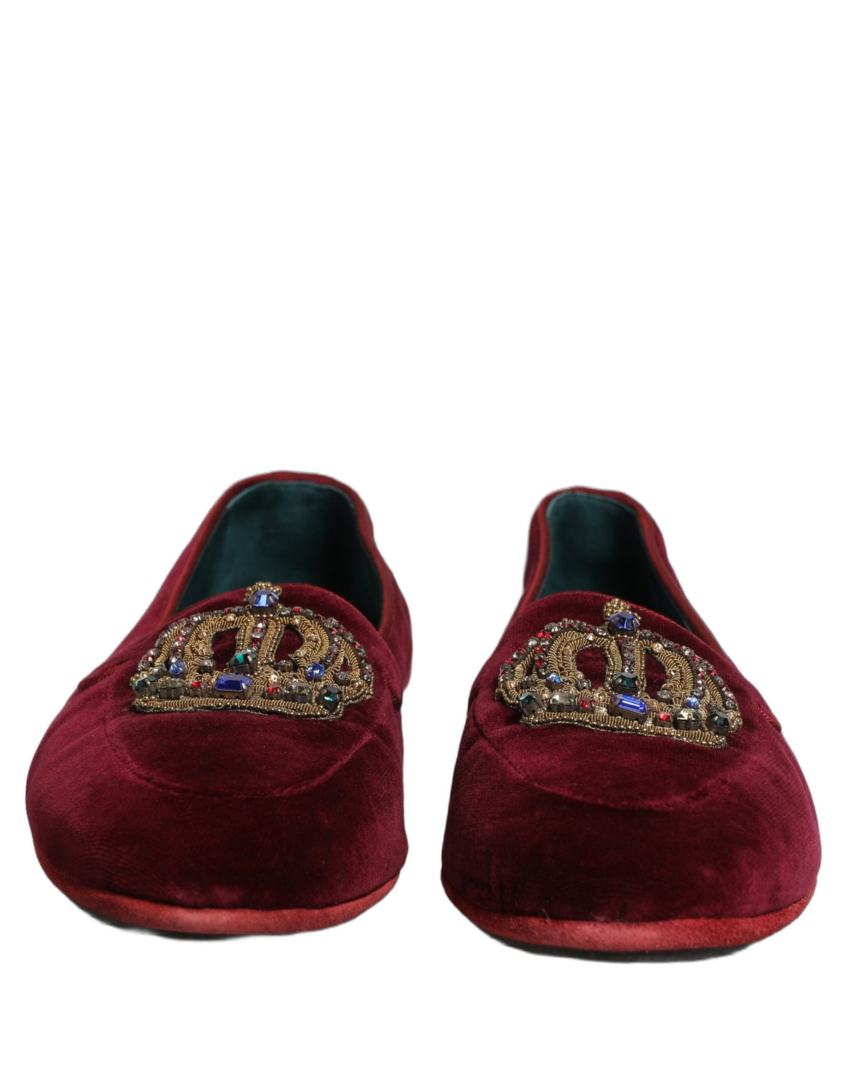 Dolce & Gabbana Burgundy Velvet Crown Slip-On Loafers
