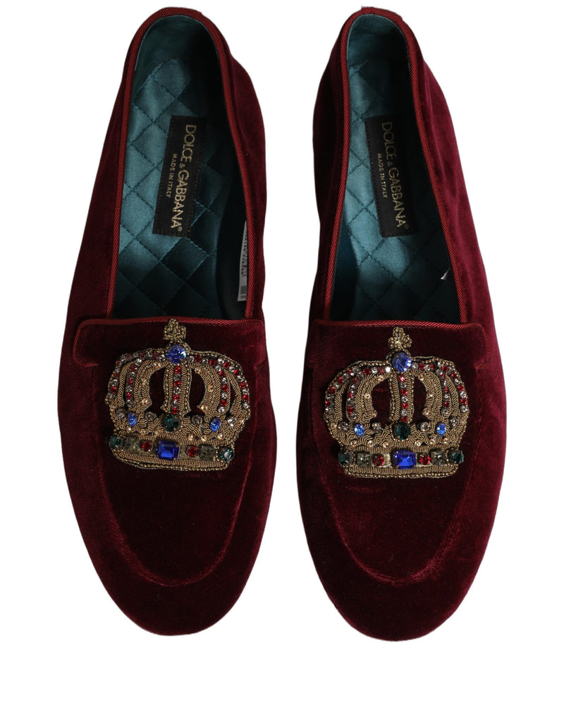 Dolce & Gabbana Burgundy Velvet Crown Slip-On Loafers