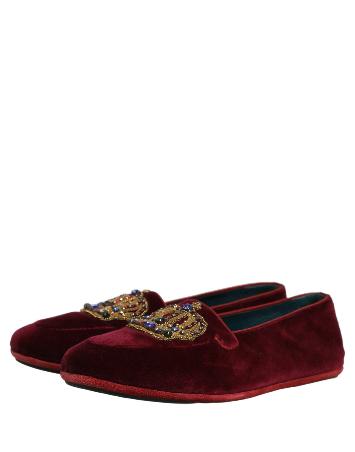 Dolce & Gabbana Burgundy Velvet Crown Slip-On Loafers