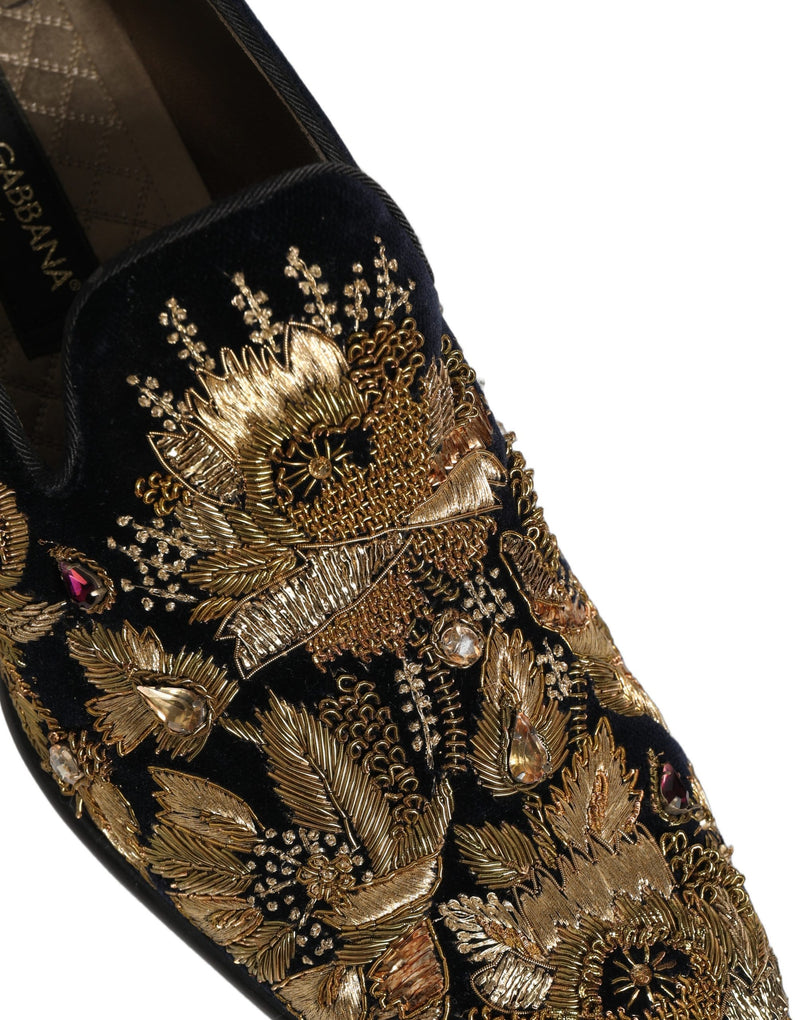 Dolce & Gabbana Black Velvet Gold Embroidery Loafers