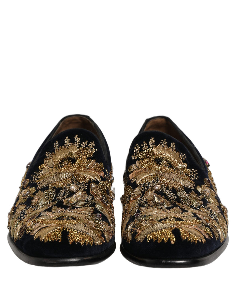 Dolce & Gabbana Black Velvet Gold Embroidery Loafers