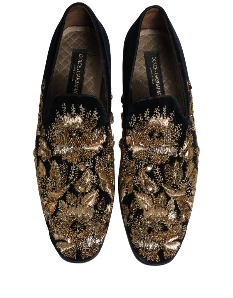 Dolce & Gabbana Black Velvet Gold Embroidery Loafers