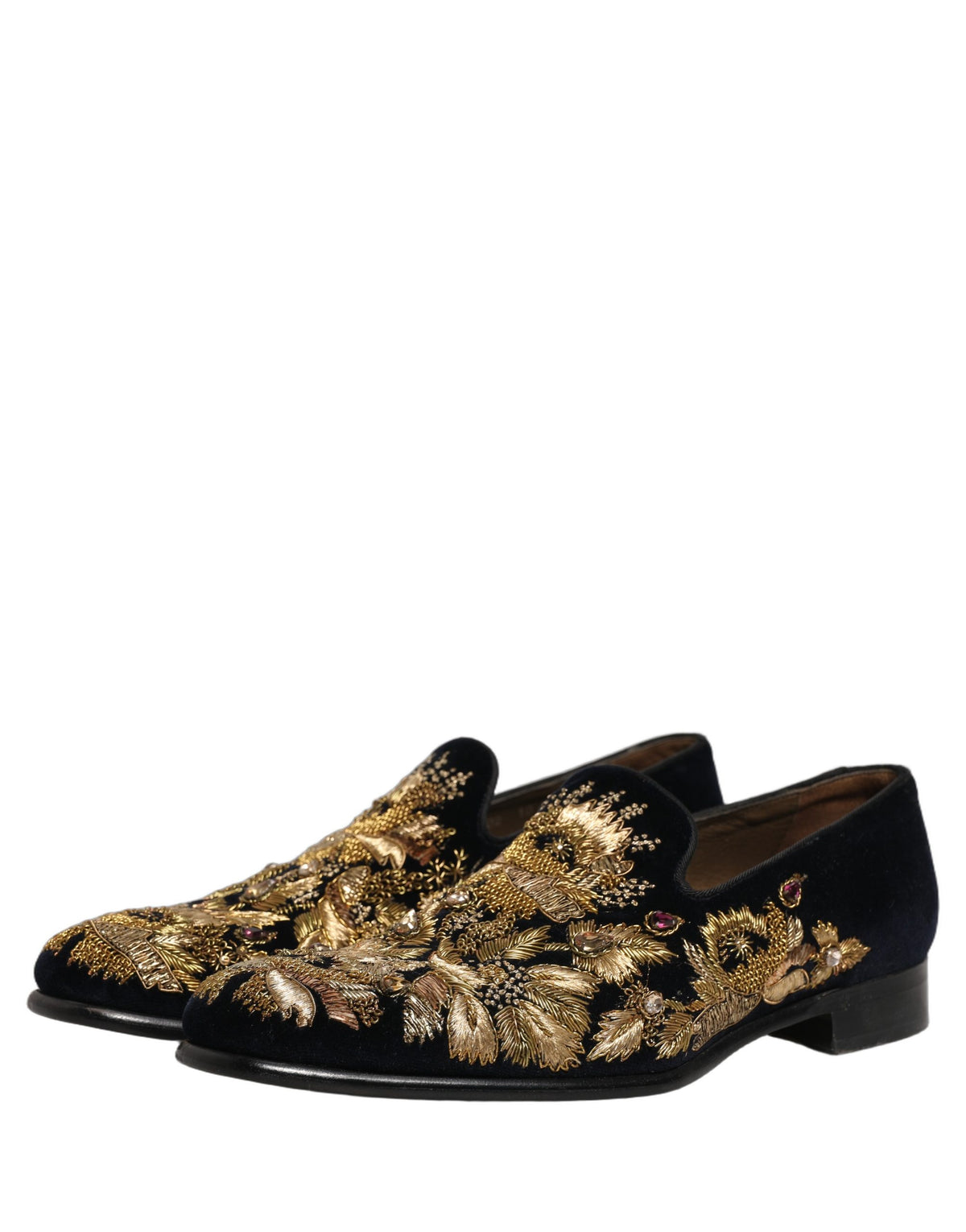 Dolce & Gabbana Black Velvet Gold Embroidery Loafers