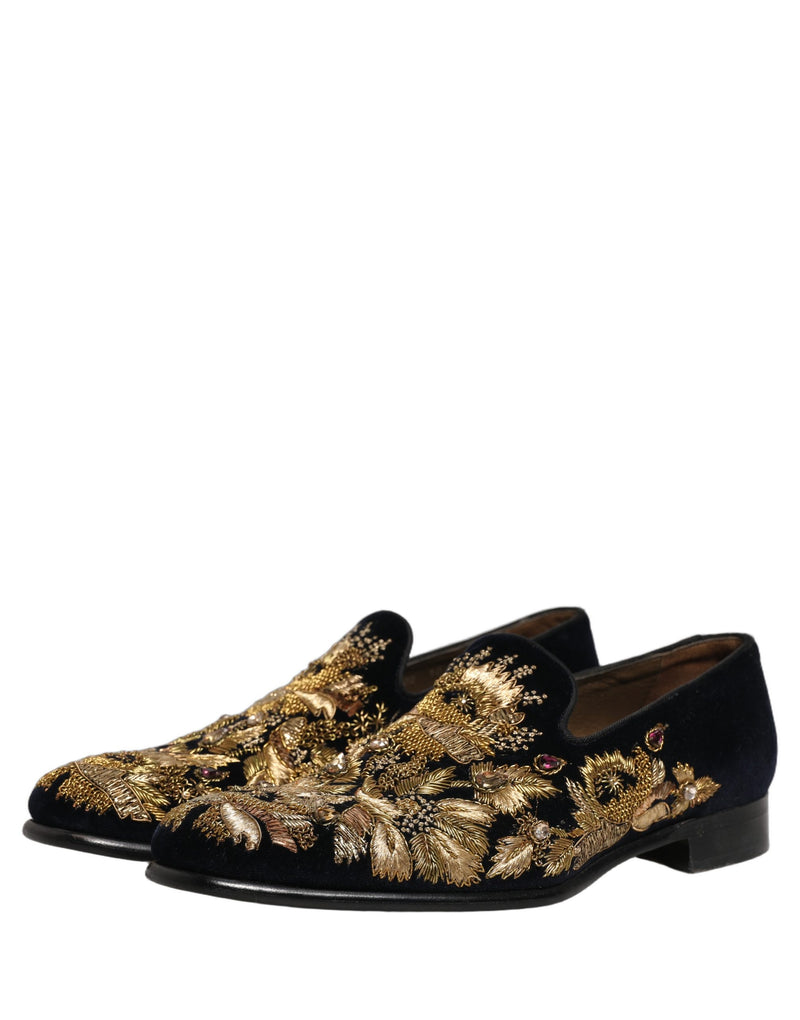 Dolce & Gabbana Black Velvet Gold Embroidery Loafers
