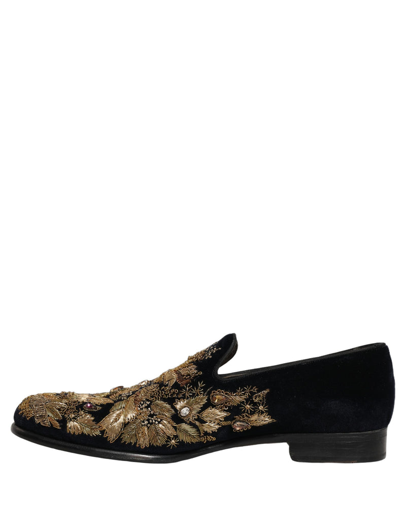 Dolce & Gabbana Black Velvet Gold Embroidery Loafers