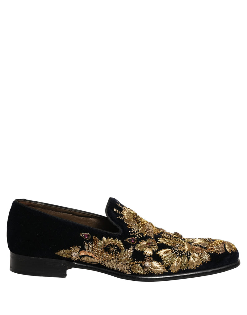 Dolce & Gabbana Black Velvet Gold Embroidery Loafers