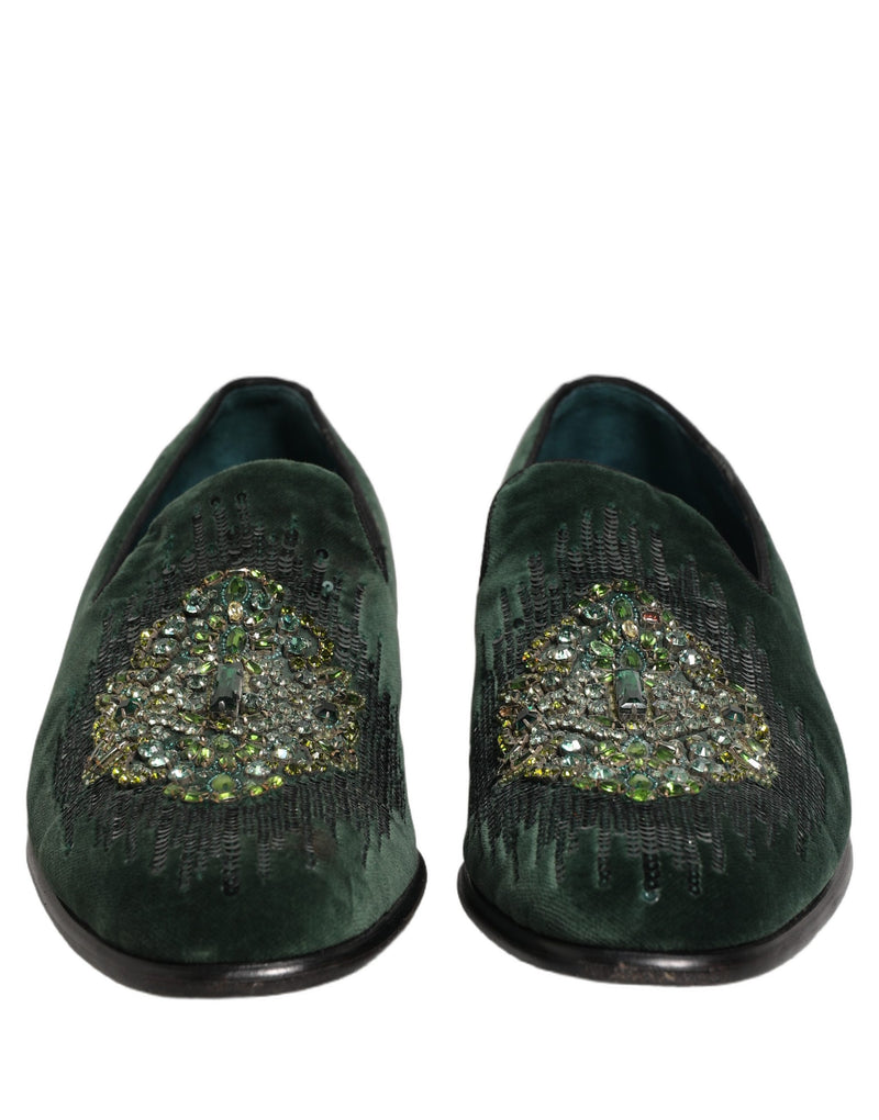 Dolce & Gabbana Green Velvet Embellished Dress Loafers