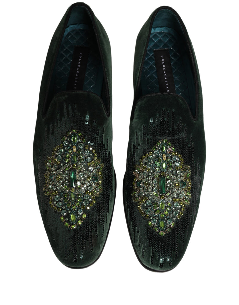 Dolce & Gabbana Green Velvet Embellished Dress Loafers