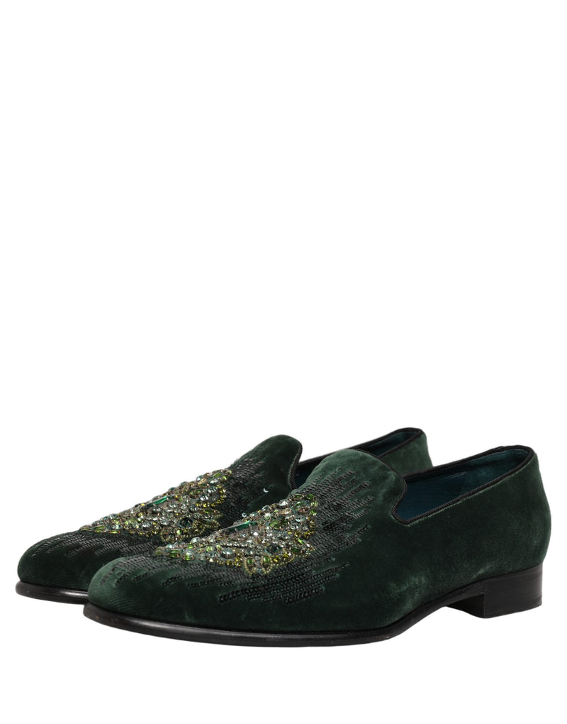 Dolce & Gabbana Green Velvet Embellished Dress Loafers