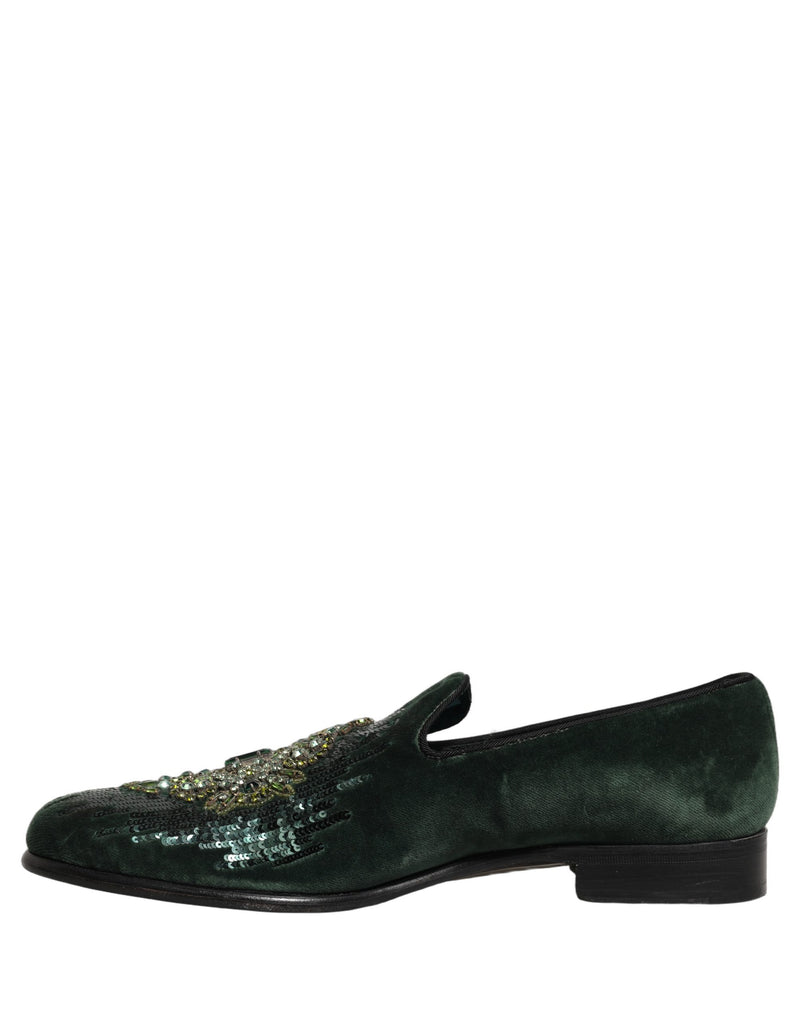 Dolce & Gabbana Green Velvet Embellished Dress Loafers