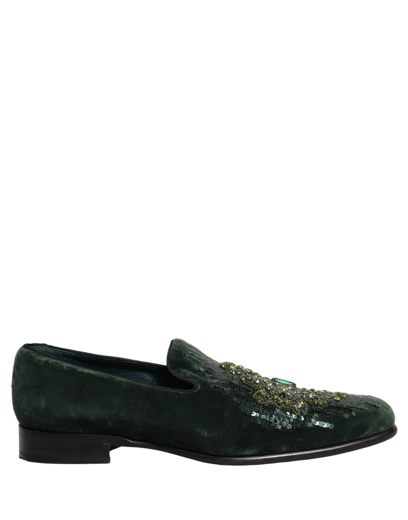Dolce & Gabbana Green Velvet Embellished Dress Loafers