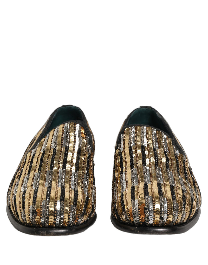 Dolce & Gabbana Gold Striped Sequin Loafer Shoes