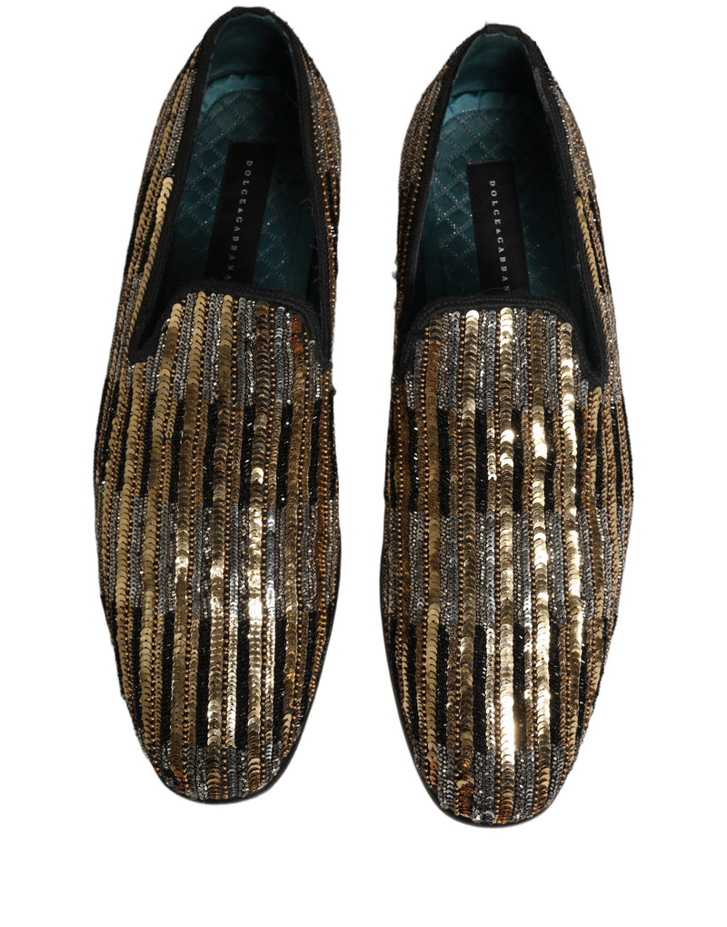 Dolce & Gabbana Gold Striped Sequin Loafer Shoes