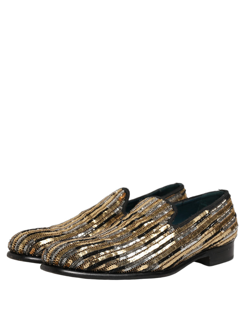 Dolce & Gabbana Gold Striped Sequin Loafer Shoes