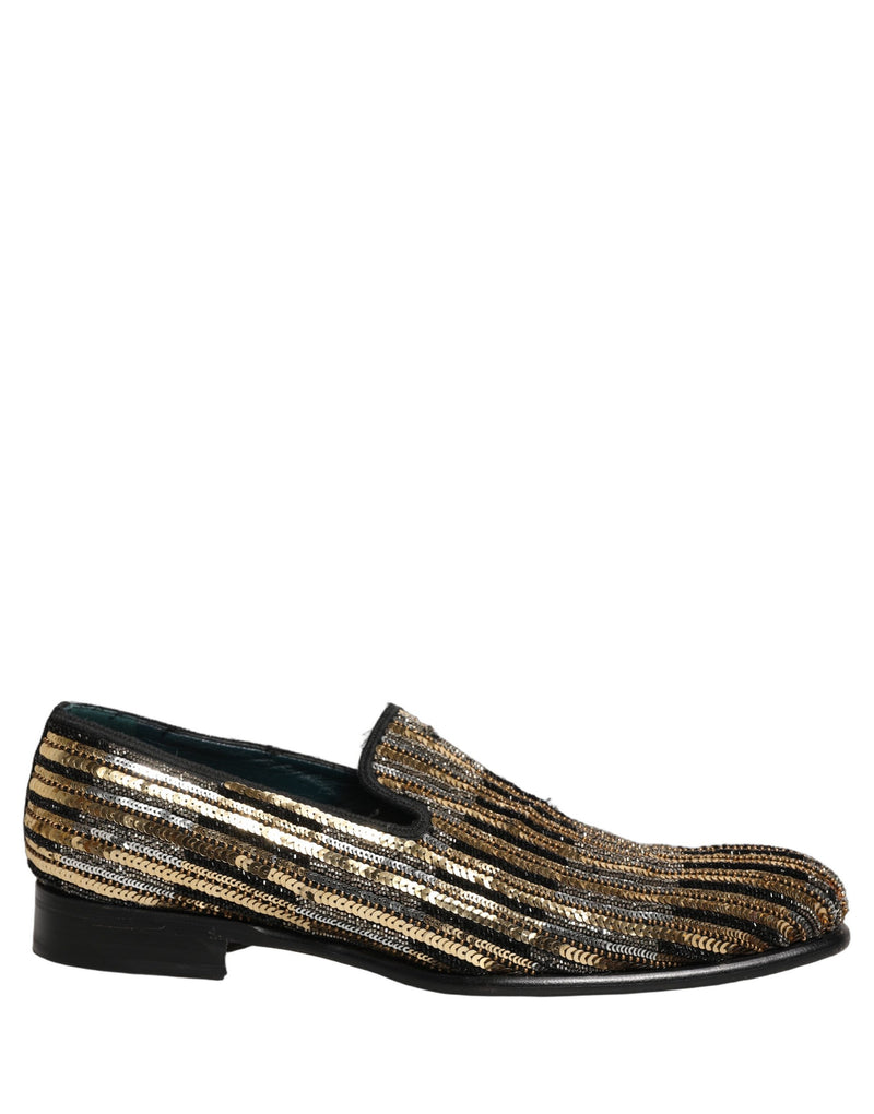 Dolce & Gabbana Gold Striped Sequin Loafer Shoes