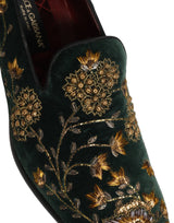 Dolce & Gabbana Green Floral Embroidery Velvet Loafers