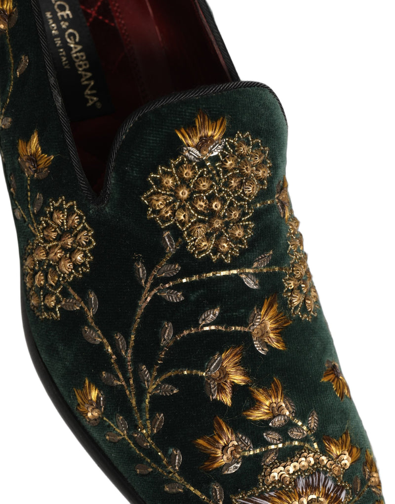 Dolce & Gabbana Green Floral Embroidery Velvet Loafers