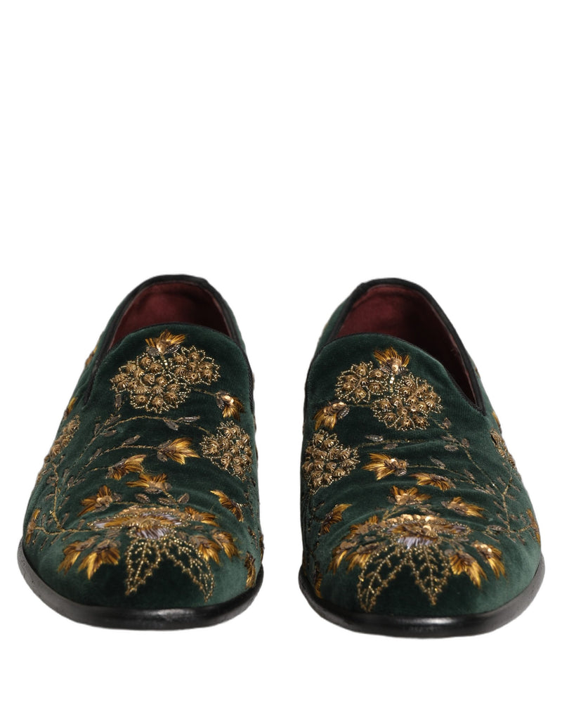 Dolce & Gabbana Green Floral Embroidery Velvet Loafers