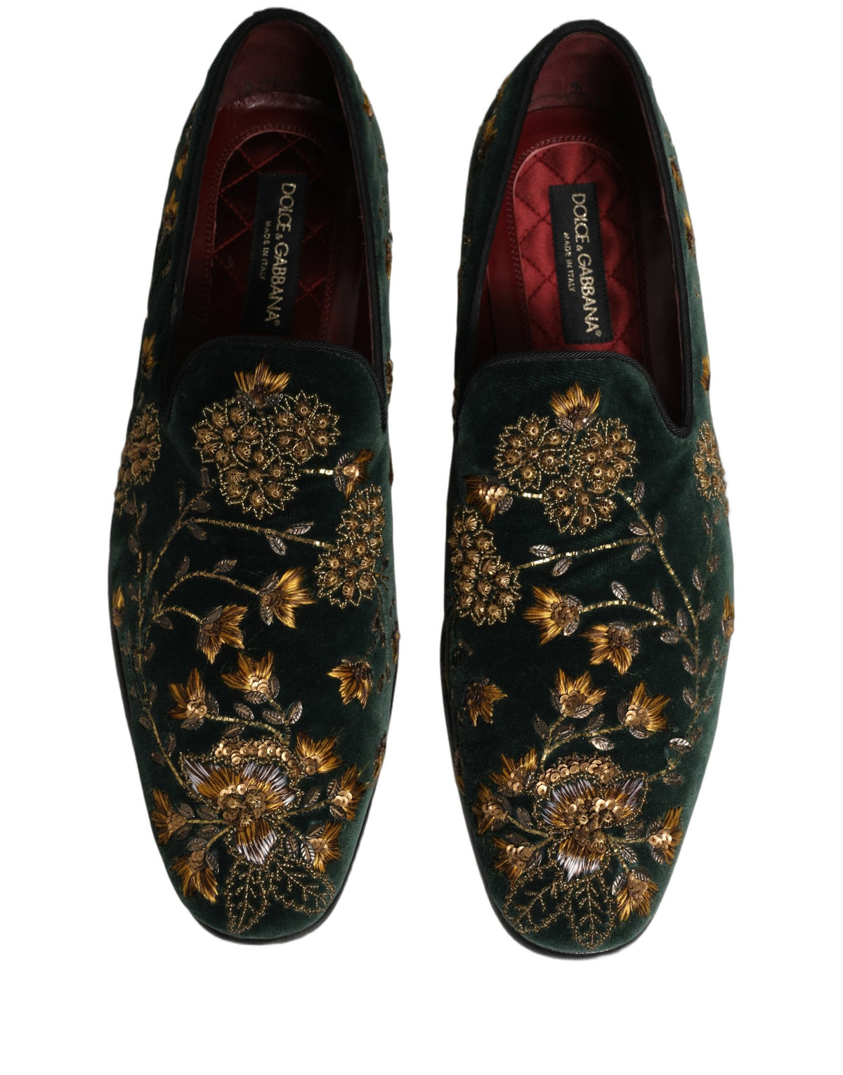 Dolce & Gabbana Green Floral Embroidery Velvet Loafers