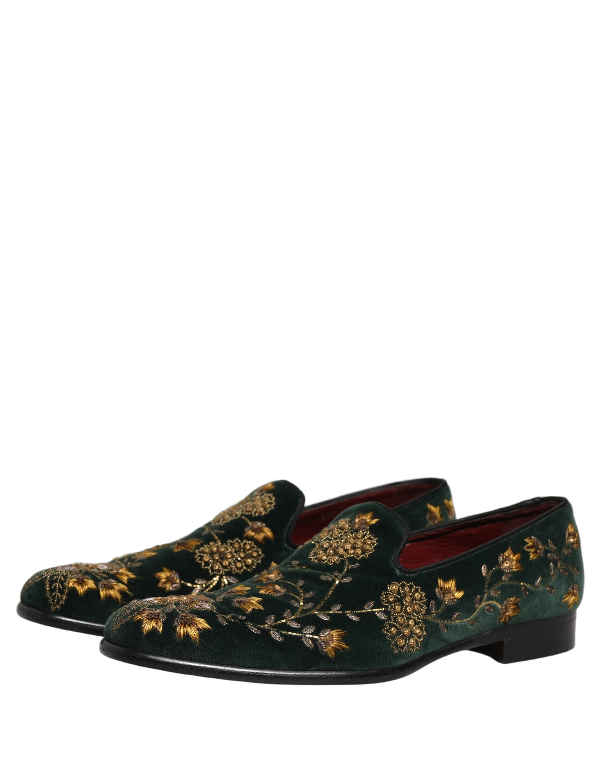 Dolce & Gabbana Green Floral Embroidery Velvet Loafers