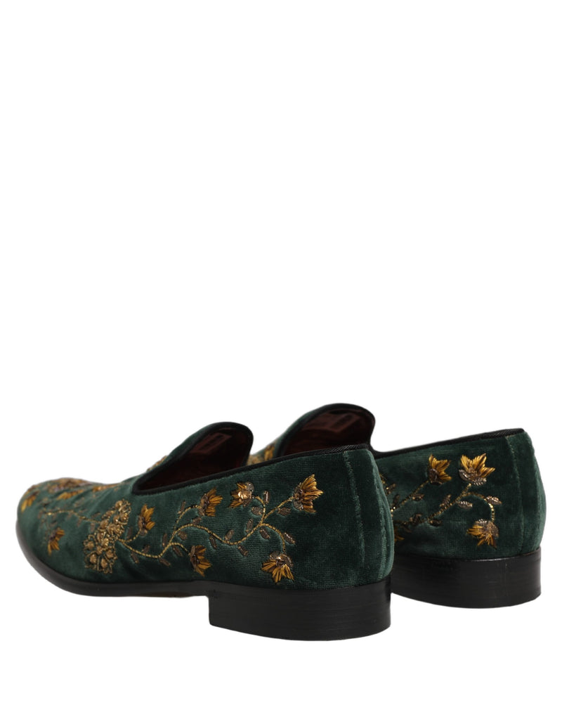 Dolce & Gabbana Green Floral Embroidery Velvet Loafers