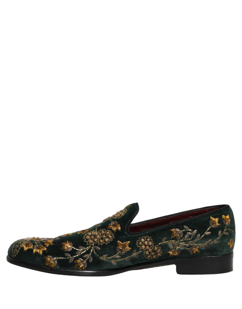 Dolce & Gabbana Green Floral Embroidery Velvet Loafers