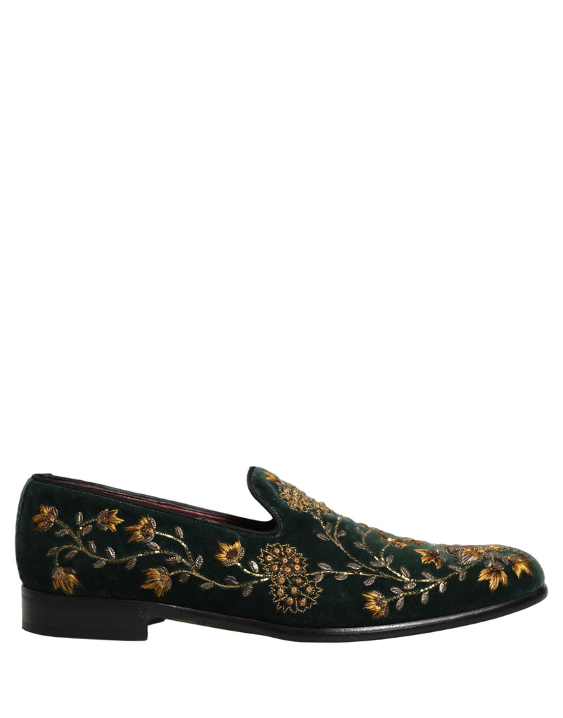 Dolce & Gabbana Green Floral Embroidery Velvet Loafers