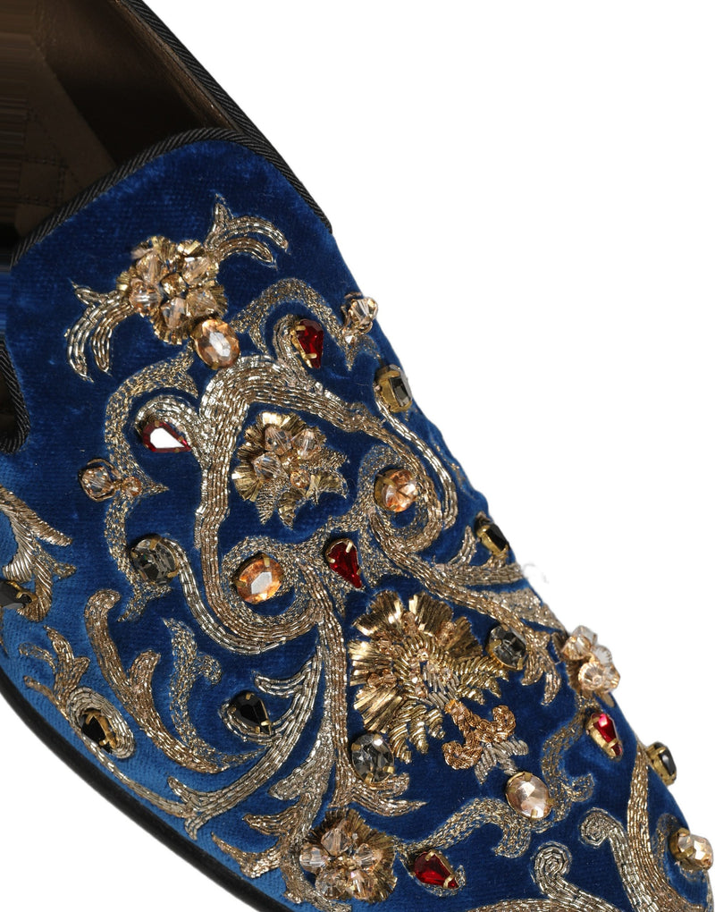Dolce & Gabbana Blue Velvet Embellished Dress Loafers