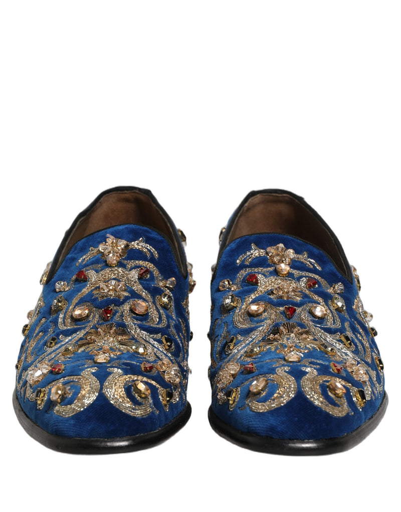 Dolce & Gabbana Blue Velvet Embellished Dress Loafers